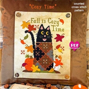 COZY TIME PDF Instant Download counted cross stitch pattern CalicoConfectionery Autumn Fall Harvest Pumpkins Cat Quilt