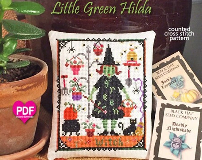 LITTLE GREEN HiLDA PDF/Instant Download counted cross stitch pattern CalicoConfectionery Halloween Witch