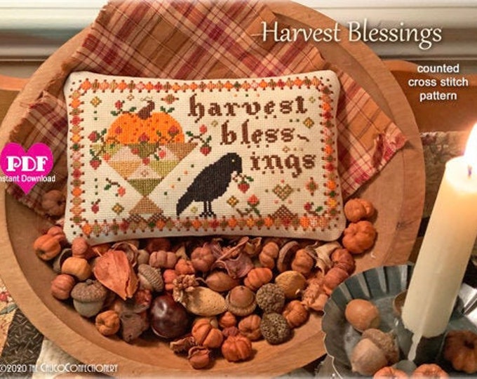 HARVEST BLESSINGS PDF Instant Download counted cross stitch pattern CalicoConfectionery Autumn Fall Harvest Pumpkins Quilt Primitive