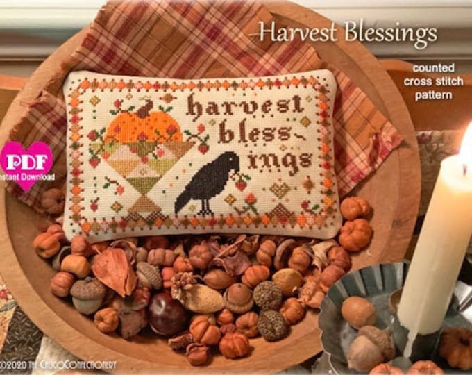 HARVEST BLESSINGS PDF Instant Download counted cross stitch pattern CalicoConfectionery Autumn Fall Harvest Pumpkins Quilt Primitive