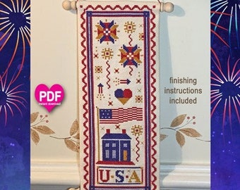 NeW!  FLAG & FiREWORKS BANNER PDF/Instant Download counted cross stitch pattern CalicoConfectionery Patriotic 4th of July Independence