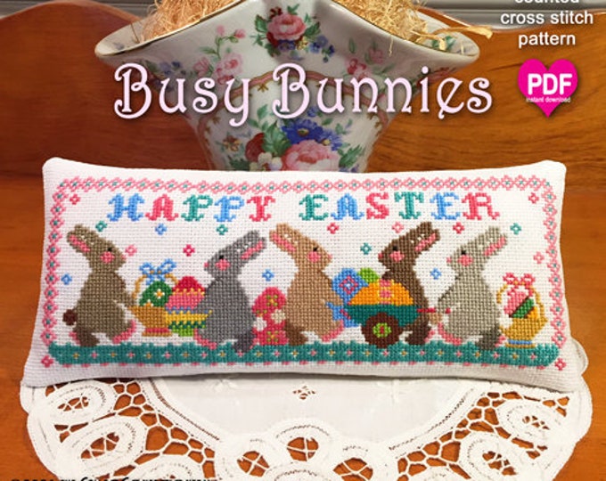 BUSY BUNNIES PDF Instant Download cross stitch pattern CalicoConfectionery Easter basket eggs rabbit
