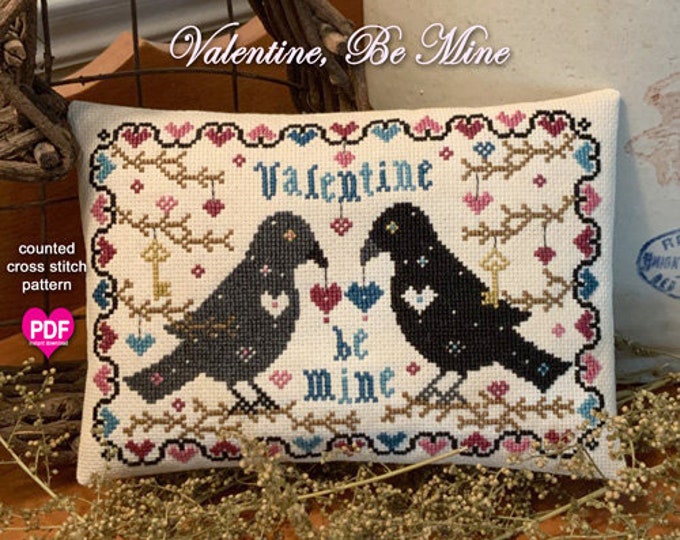 VALENTiNE BE MiNE PDF Instant Download primitive stitchery cross stitch pattern chart hearts Valentine's Day Blackbirds