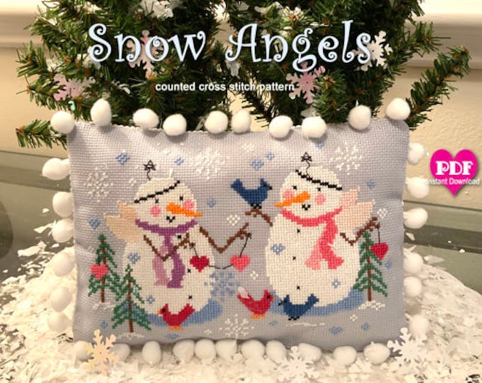 SNOW ANGELS PDF/Instant Download counted cross stitch pattern CalicoConfectionery Snowman Winter Christmas Valentine