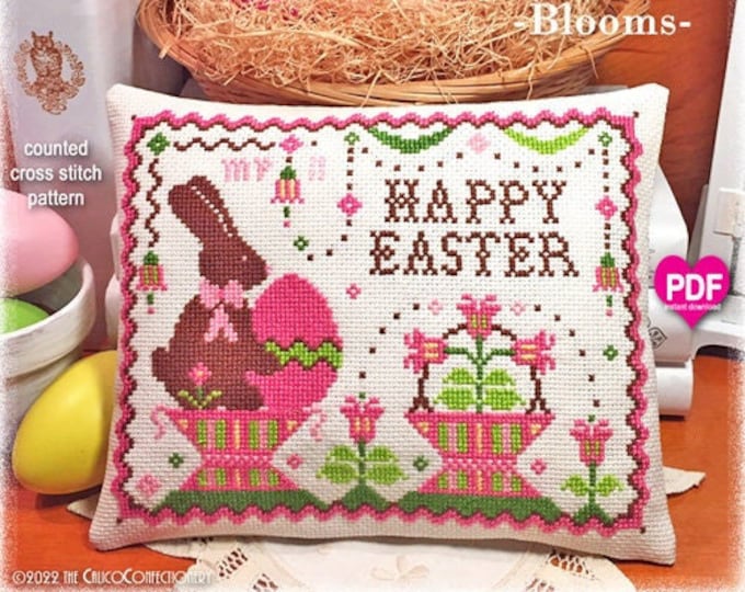 BASKETS & BLOOMS PDF/Instant Download counted cross stitch pattern CalicoConfectionery  Easter bunny eggs tulips
