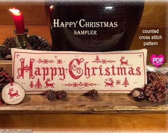 HAPPY CHRiSTMAS SAMPLER PDF/Instant Download counted cross stitch pattern CalicoConfectionery Reindeer Trees