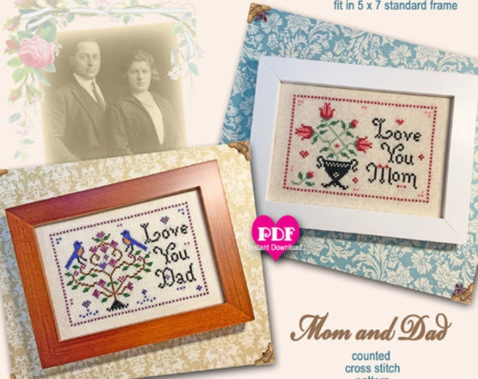 MOM and DAD PDF/Instant Download counted cross stitch pattern CalicoConfectionery Mother's Father's Day