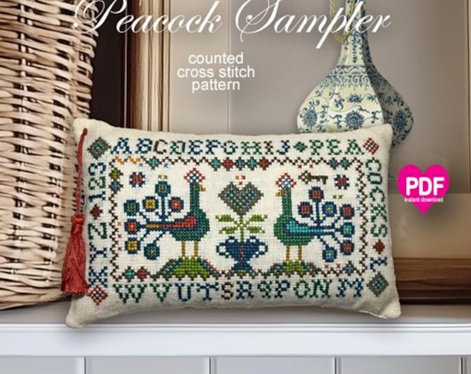 NEW!  PEACOCK SAMPLeR PDF Instant Download CalicoConfectionery cross stitch pattern chart birds
