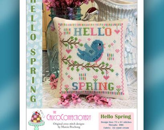 NEW!  HELLO SPRiNG Paper/Mailed CalicoConfectionery cross stitch pattern chart Spring Bluebirds