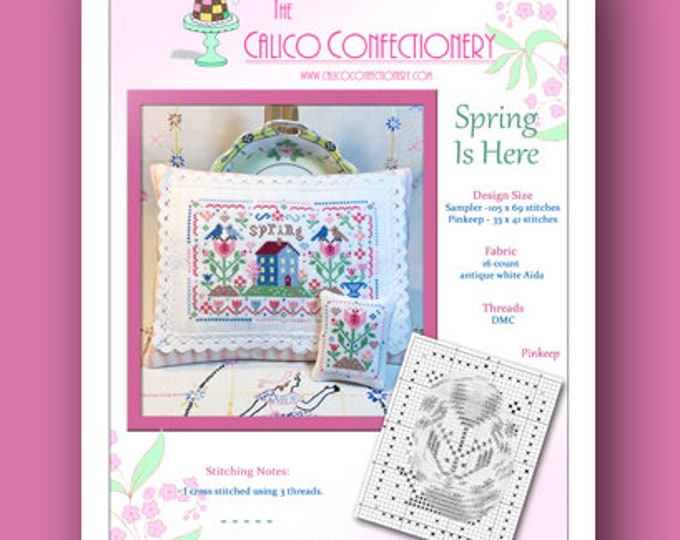 SPRING iS HERE  Paper/Mailed counted cross stitch pattern CalicoConfectionery bluebirds tulips Easter