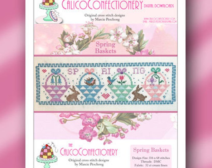 NEW!  SPRING BASKETS Paper/Mailed CalicoConfectionery cross stitch pattern chart Spring Bluebirds Bunnies Easter