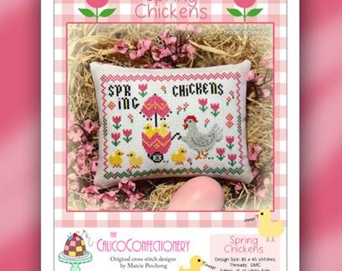 NEW!  SPRiNG CHiCKENS Paper/Mailed CalicoConfectionery cross stitch pattern chart Spring Chicks Tulips