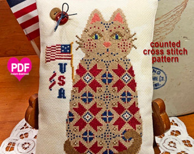 FLAG HOLDER PDF/Instant Download counted cross stitch pattern CalicoConfectionery Patriotic Seasonal Cat 4th of July Independence