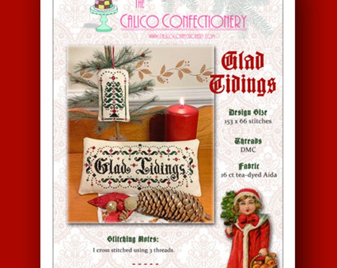 GLAD TIDINGS Paper/Mailed counted cross stitch pattern Christmas Tree Primitive Vintage look