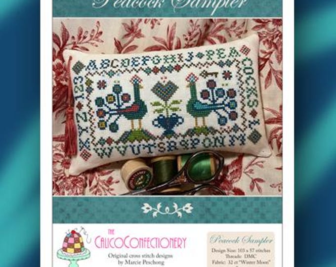 NEW!  PEACOCK SAMPLeR Paper/Mailed CalicoConfectionery cross stitch pattern chart birds