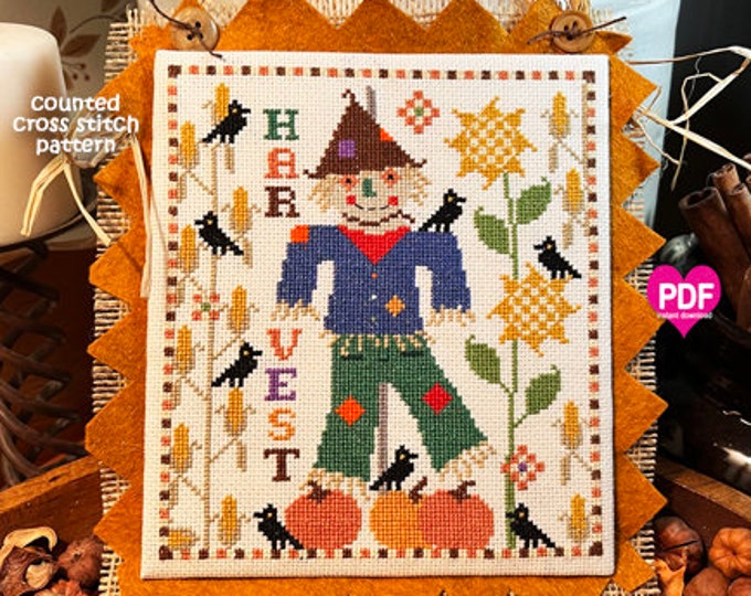 NeW! SCARECOW & FRIENDS PDF/Instant Download counted cross stitch pattern CalicoConfectionery Thanksgiving Autumn Harvest Pumpkins Sunflow
