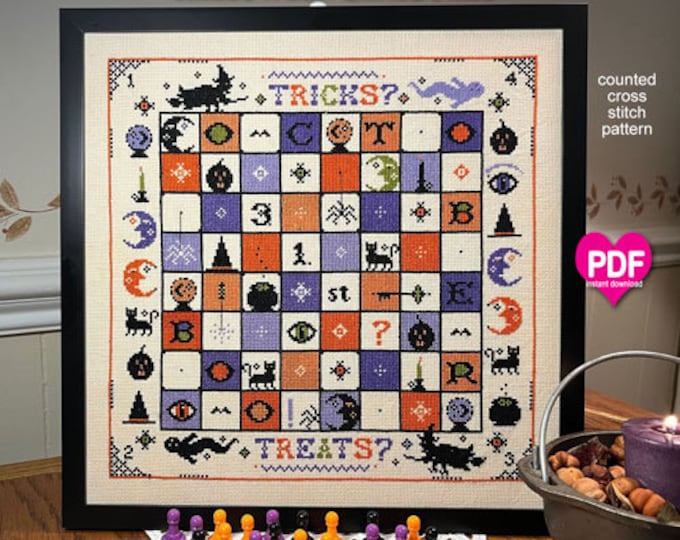 NEW! HALLOWEEN GAMEBoARD PDF/Instant Download counted cross stitch pattern CalicoConfectionery Witch Pumpkin Ghost