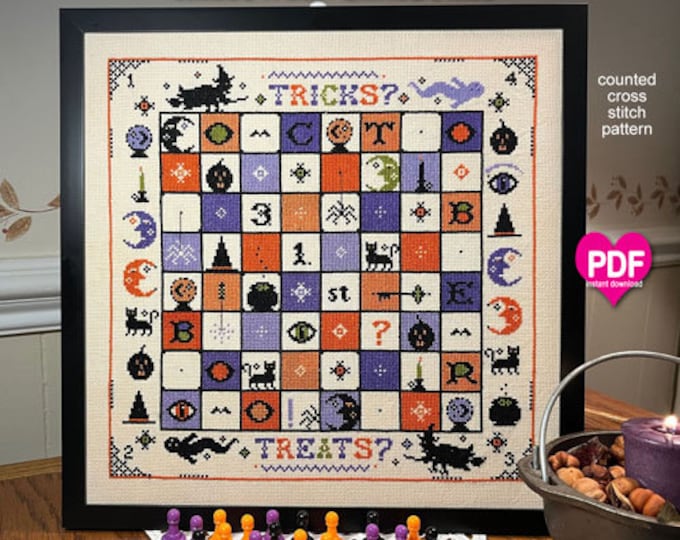 HALLOWEEN GAMEBoARD PDF/Instant Download counted cross stitch pattern CalicoConfectionery Witch Pumpkin Ghost