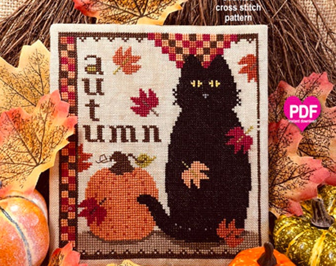 FELINE FLUTTER PDF/Instant Download counted cross stitch pattern CalicoConfectionery Fall Harvest Seasonal Cat Pumpkin Quilt