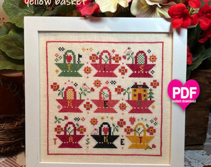 NEW!  a GREEN & YELLoW BaSKET PDF Instant Download CalicoConfectionery cross stitch pattern chart hearts Valentine's Day