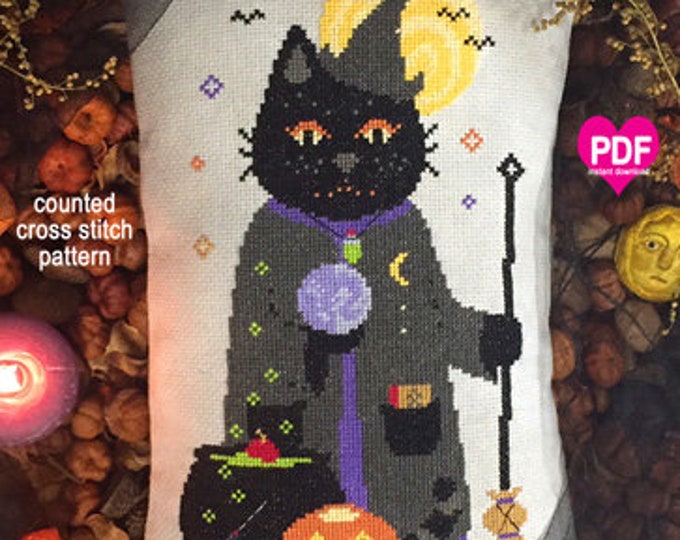 TABITHA PDF/Instant Download counted cross stitch pattern CalicoConfectionery Halloween Seasonal Cat Witch