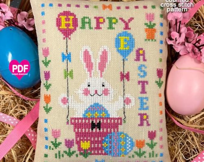 NeW!  BEST BUNNY WiSHES PDF Instant Download CalicoConfectionery cross stitch pattern chart Spring Easter eggs tulips