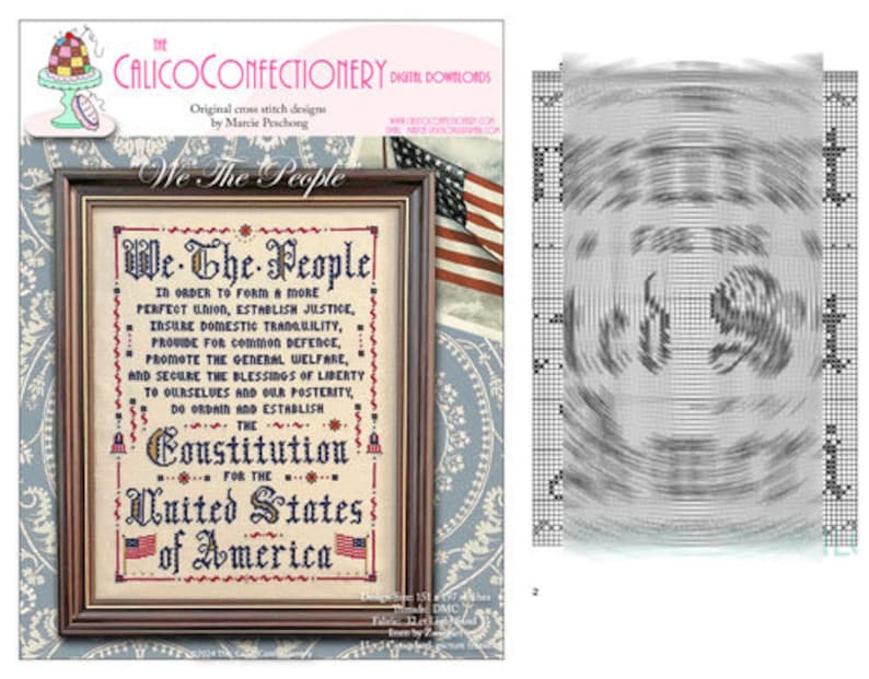 May include: A cross stitch pattern featuring the Preamble to the United States Constitution in black and red lettering on a beige background, framed in dark wood. The design includes two small American flags and decorative red star accents.