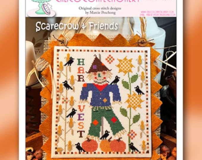 NeW!  SCARECOW & FRIENDS Paper/Mailed counted cross stitch pattern CalicoConfectionery Thanksgiving Autumn Harvest Pumpkins Sunflowers