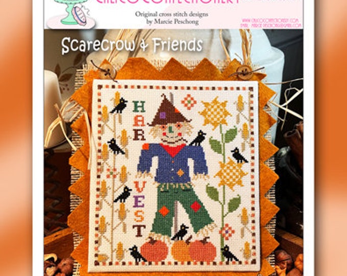 NeW!  SCARECOW & FRIENDS Paper/Mailed counted cross stitch pattern CalicoConfectionery Thanksgiving Autumn Harvest Pumpkins Sunflowers