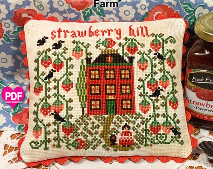 STRAWBERRY HiLL FARM  PDF/Instant Download counted cross stitch pattern CalicoConfectionery Summer black bird