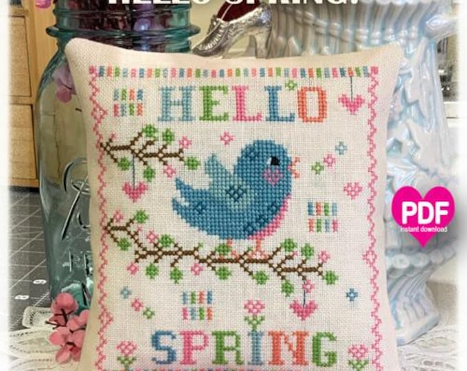 NEW!  HELLO SPRiNG PDF Instant Download CalicoConfectionery cross stitch pattern chart Spring Bluebirds