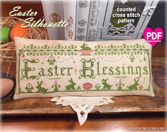 EASTER SILHOUETTE PDF/Instant Download counted cross stitch pattern CalicoConfectionery  Easter bunny  basket eggs  sampler