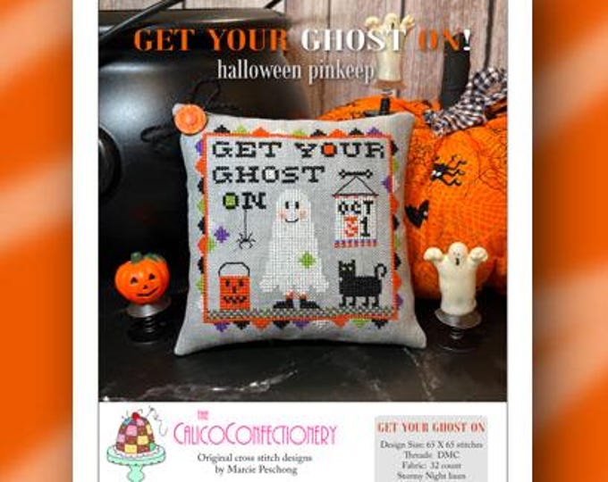 GET YoUR GHoST ON Pinkeep Paper/Mailed counted cross stitch pattern CalicoConfectionery Halloween Cat Pumpkin Pincushion