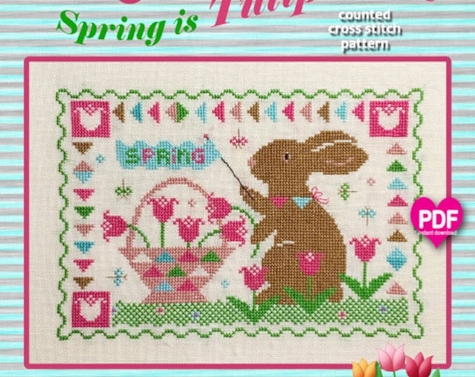 NEW!  TULIP TiME PDF Instant Download CalicoConfectionery cross stitch pattern chart Spring Easter Bunny