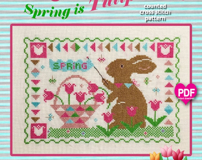 NEW!  TULIP TiME PDF Instant Download CalicoConfectionery cross stitch pattern chart Spring Easter Bunny