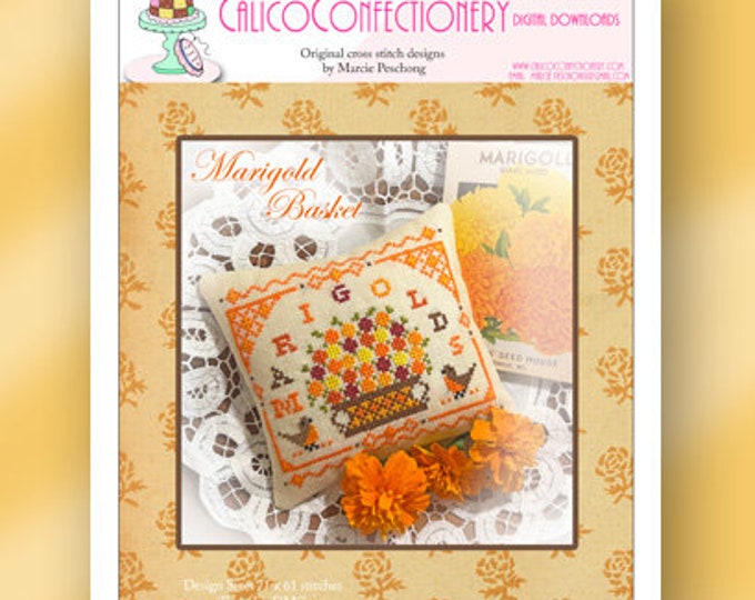 MARIGOLD BASKET Paper/Mailed counted cross stitch pattern CalicoConfectionery Summer Garden Floral
