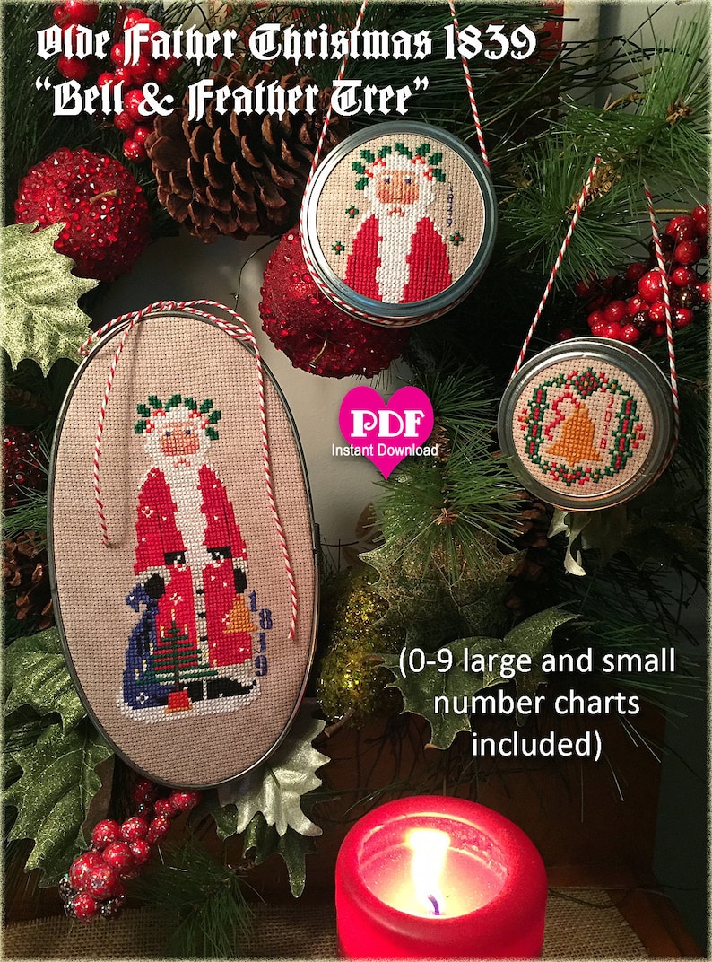May include: Three cross-stitch ornaments featuring a vintage Father Christmas design. The ornaments are framed in metal hoops and feature a red and white color scheme. The text "Olde Father Christmas 1839" and "Bell & Feather Tree" is visible in the image.