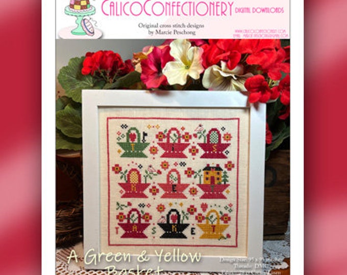NEW!  a GREEN & YELLoW BaSKET Paper/Mailed  CalicoConfectionery cross stitch pattern chart hearts Valentine's Day