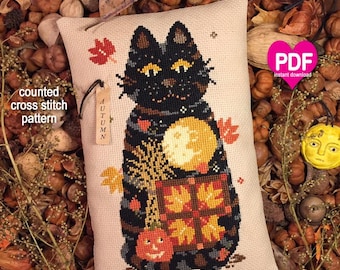 AUTUMN GATHERER PDF/Instant Download counted cross stitch pattern CalicoConfectionery Fall Harvest Seasonal Cat Pumpkin Quilt
