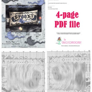 May include: A 4-page PDF cross-stitch pattern titled Spooky Halloween, featuring a rectangular design with the text Have a Spooky Halloween, ghost illustrations, and a detailed black and white grid chart with DMC thread color codes and symbols.