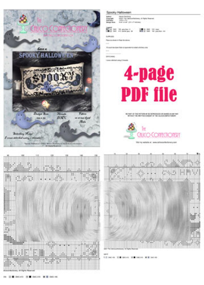 May include: A 4-page PDF cross-stitch pattern titled Spooky Halloween, featuring a rectangular design with the text Have a Spooky Halloween, ghost illustrations, and a detailed black and white grid chart with DMC thread color codes and symbols.
