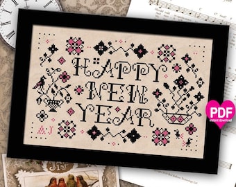 May include: A cross-stitch pattern for a sampler featuring the text "Happy New Year" in black lettering with pink and black floral accents. The pattern is on a beige background and includes a PDF instant download.