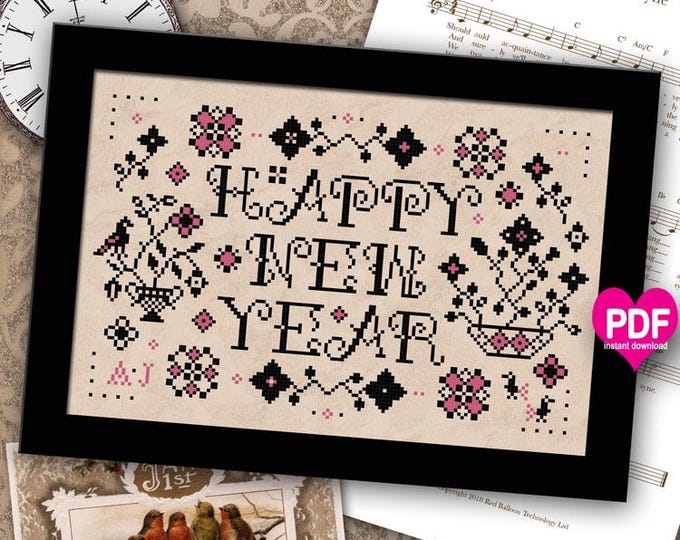 NeW!  HAPPY NeW YEAR PDF/Instant counted cross stitch pattern CalicoConfectionery New Years Day Sampler
