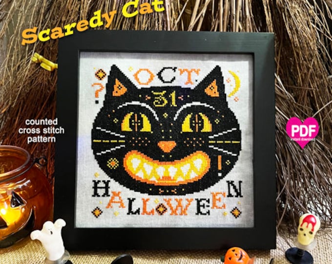SCAREDY CAT PDF/Instant Download counted cross stitch pattern CalicoConfectionery Halloween Black Cat Fall Autumn