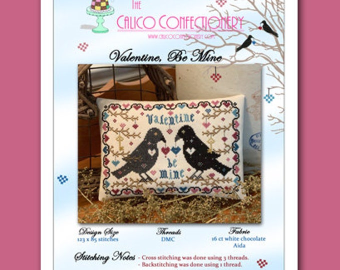 VALENTiNE BE MiNE Paper/Mailed primitive stitchery cross stitch pattern chart hearts Valentine's Day Blackbirds