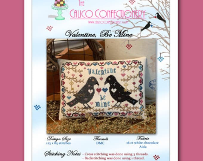 VALENTiNE BE MiNE Paper/Mailed primitive stitchery cross stitch pattern chart hearts Valentine's Day Blackbirds