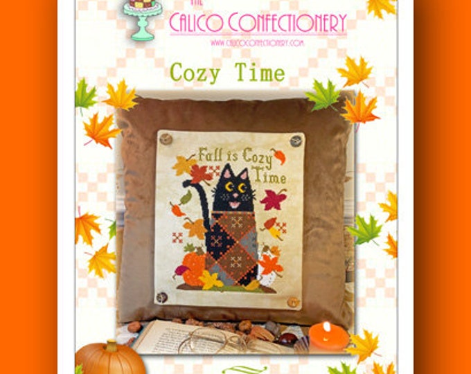 COZY TIME Paper/Mailed counted cross stitch pattern CalicoConfectionery Autumn Fall Harvest Pumpkins Cat Quilt