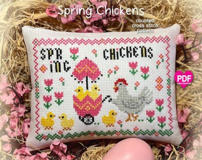 NEW!  SPRiNG CHiCKENS PDF Instant Download CalicoConfectionery cross stitch pattern chart Spring Chicks Tulips