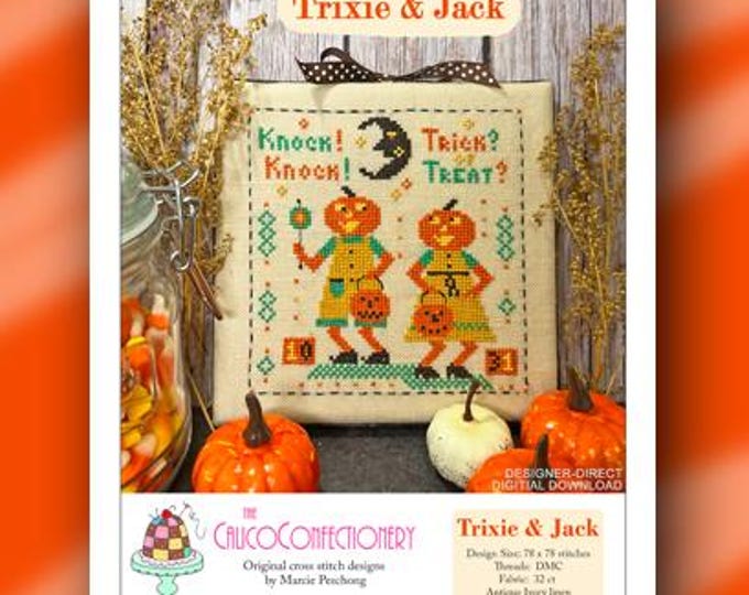 TRIXIE & JACK PDF Paper/Mailed counted cross stitch pattern CalicoConfectionery Halloween Pumpkin Jackolantern Trick or Treat