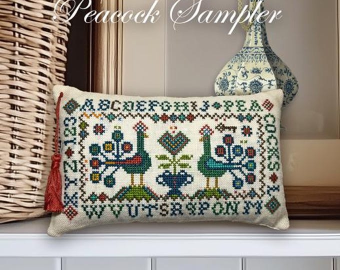 NEW!  PEACOCK SAMPLeR PDF Instant Download CalicoConfectionery cross stitch pattern chart birds